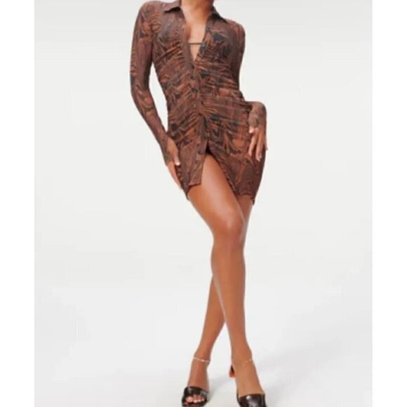 NWT Good American Long Sleeve Brown Printed Mini Dress - Size 1 - Picture 1 of 6